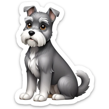 cinematic-[schnauzer]-realistic-full-body-sitting-emoji,-tail-resting-loosely-beside-its-paws,white eyes-head-tilted-dramatically, -sleek-[grey]-fur,-simplified-yet-realistic-focused-features,-highly-detailed,-glowing-with-an-almost-sarcastic-glow sticker