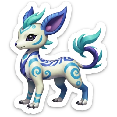 Tropical Tiny Marked Patterned Tribal Colorful Skilled Adept Graceful Asian Painted Garurumon-Meloetta-Absol-Suicune-Cobalion-fusion-hybrid-creature (full body) sticker