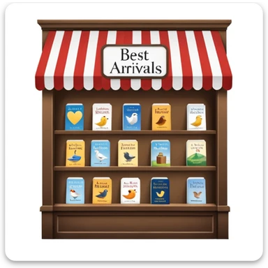 Bookstore window display. A sign displays “New Arrivals This Week”. Below, a shelf tag with the text “Best-Selling Novels Here”.  sticker
