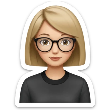 woman dark blonde petite bob haircut wears dark squarish glasses, classic clothes sticker