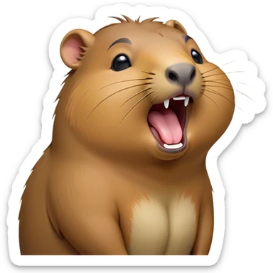 Cinematic Cute Yawning Capybara Portrait Emoji, Head tilted slightly with a dramatic, wide-open yawn, showcasing a plush, rounded body with a broad capybara head featuring a short snout and subtle, small ears, with drowsy, half-closed eyes and a relaxed expression, Simplified yet irresistibly adorable features, highly detailed, glowing with a soft, cozy natural glow, high shine, relaxed yet expressive, stylized with a dash of whimsical charm, soft glowing outline, capturing the essence of a drowsy yet affectionate capybara guardian that seems ready to stretch out for a nap! sticker