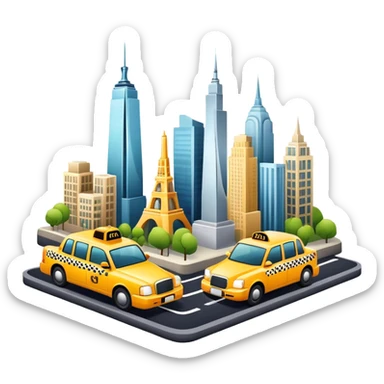 Icon for Urban Tourism: a skyline with iconic city landmarks, like skyscrapers, a subway and a taxi, with travel accessories like a camera and map. The icon should represent the excitement of exploring urban environments. Transparent background. sticker