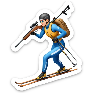 An icon featuring a biathlete skiing along a winding trail with a rifle on their back, surrounded by a beautiful snowy landscape with mountains and pine trees. A target range appears in the distance. Transparent background highlights the blend of endurance, precision, and winter beauty. sticker