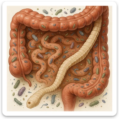 a medical illustration of a human realistic gut with bacteria and parasyte (tenia) realistic  sticker