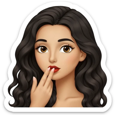 woman with olive skin, brown eyes and long lashes, and long black wavy hair giving a kiss sticker