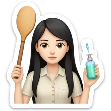 A white woman with long, straight black hair, wearing an ivory-colored shirt, holding a wooden paddle hairbrush in her left hand and spraying a hair mist bottle with her right hand toward her hair. sticker