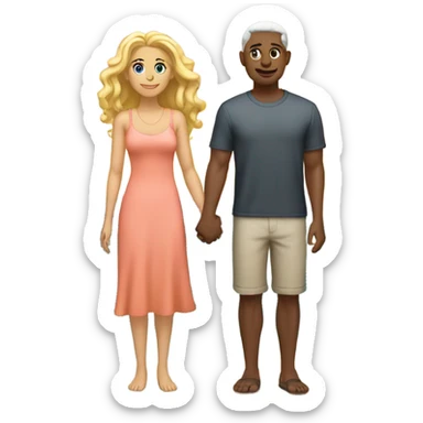 Man short salt and pepper hair holding hands with beautiful woman long bright blonde colored hair both on beach watching oceans waves and sunset  sticker