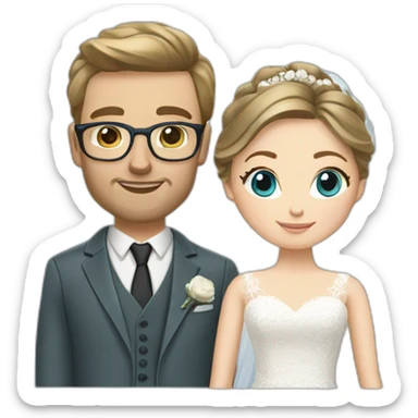 Wedding couple. Bride has brown hair pinned up. She wears lace dress. She has blue eyes. Groom has olive green suit and brown vest. He has blond hair. He wears glasses. He has blue eyes too. sticker