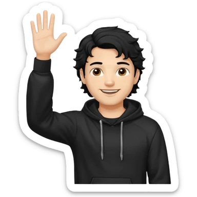 Now create man waveing with one hand with little bit wavey dark black hair with black hoodie on and make him light skin. his haircut is mid fade with hair on his forehead sticker