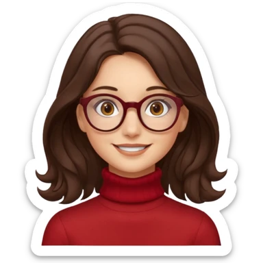 A girl has fair skin wavy dark brown hair, has glasses and almond brown eyes wears red turtle neck has long hair and so pretty sticker