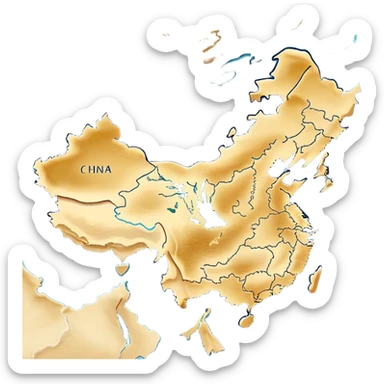 Cinematic-realistic outline of china, featuring its distinct landmass with accurately defined coastlines. The deep blue ocean surrounds the golden-brown continent, with subtle topographic shading to highlight its terrain. A soft glowing effect enhances the edges, making the shape stand out against a neutral, textured background. sticker