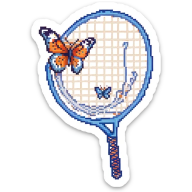 An insect-catching net with a blue handle and a butterfly inside the net sticker