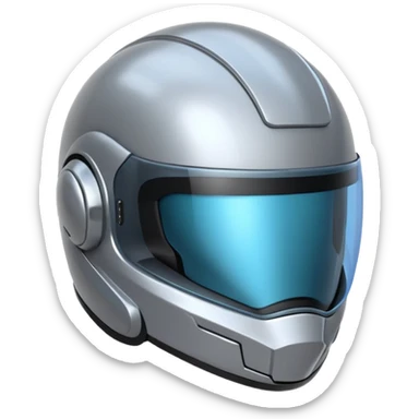 A futuristic helmet emoji made of silver chrome, smooth aerodynamic shape, minimal visor detail, reflective metallic surface, sci-fi aesthetic, iOS emoji style, centered on clean white background sticker
