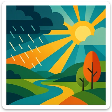 landscape scene where the rain ends and the first rays of sun pierce through the clouds, conveying hope sticker