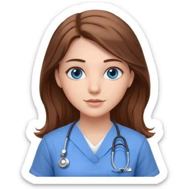 inside a classroom at university that says nursing school on the board with a pretty female nursing student with long brown hair, blue eyes sticker