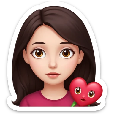 An featuring a woman with dark brown long hair, brown big eyes, light pinkish skin, red cheeks, sweet sticker