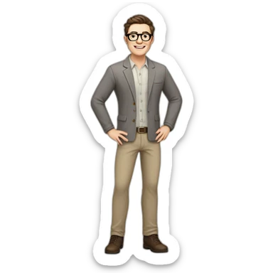 Joyful Full height Pale skinned Fit Man With dark brown hair in gray jacket, beige office shirt, Brown pants and vintage glasses. His thrumbs up sticker