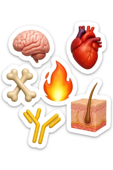 EMOJI STILE IPHONE 3D DI cervello, ossa, cuore, porzione di epidermide e cellule di anticorpi che girano in tondo, al centro di questi elementi c'è una fiamma 3d  FALLO MOLTO REALISTICO IN 3D sticker