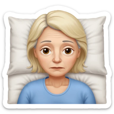 A 55-year-old woman lying in bed. She looks exhausted and desperate, with visible dark circles under her eyes, tired facial expression. sticker