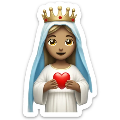 holy mary with a crown, blue veil, white clothes, white skin, holding a red heart in her hands sticker