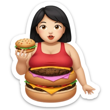 create a humongous asian girl with black hair, with 2 burgers and a cookie in her mouth, she is super obese, please make her a full body emoji, mega huge tummy   sticker