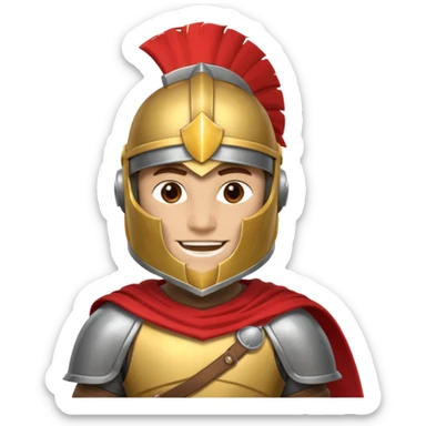 A friendly Trojan warrior mascot with a large cartoon-style head, wearing a silver helmet with a red crest and black cheek guards.  confident smile. The character wears dark armor with metallic details and a WITH yellow cape.  sticker