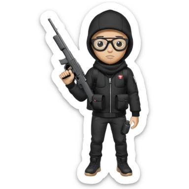 YN wearing a ski mask, holding a gun, all black fit, black jeans, Sprayground bookbag, confident stance with glasses sticker