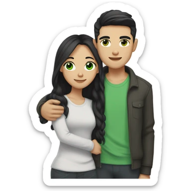 Light skin Asian male with straight black undercut hair and a white brunette female with green eyes and long wavy hair tightly hugging each other  sticker