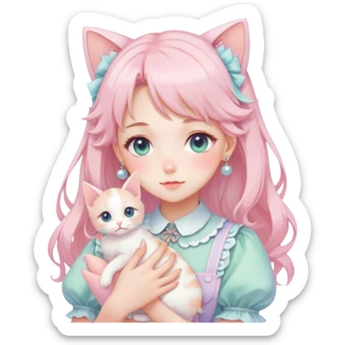  gorgeous-pastel-anime-style-lady-with-blushing-face-and-holding-a-kitten-cottagecore-fairycore-pastelcore-colorful-pearly-romantic-simplistic-aesthetic-trending-style sticker