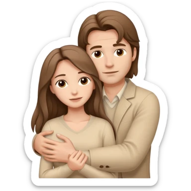 A white handsome man with brown hair in pale beige clothes supports and hugs a beautiful woman with long hair in pale beige clothes sticker