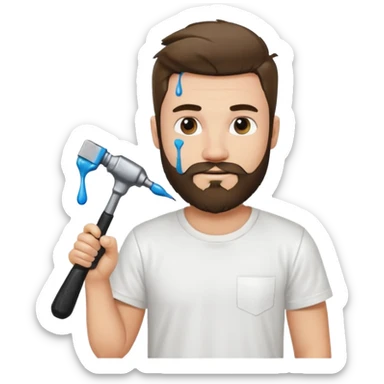  guy who looks very handsome, he has a beard, wears a white tee shirt with drops of paint on it and holds a black screwdriver in one hand and a black hammer in the other  sticker