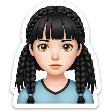 A girl with white skin and black hair and bangs with some braids face full of freckles sticker