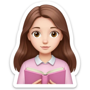 girl with fair skin and long brown hair holding a light-pink book sticker