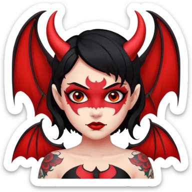 Demon girl: red skin, black hair, small horns, bat wing; tattoo-flash comic style; red/black palette; bold outlines; dark background; no text. sticker