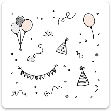 Festive party decorations including balloons, streamers, confetti, party hats, and bunting flags. Using specific pastel colors (dd9fb0, ffc6d3, a3bfc9, c4bee2, f1b091). Hand-drawn doodle style with playful, celebratory elements arranged in a decorative composition. Transparent background. sticker