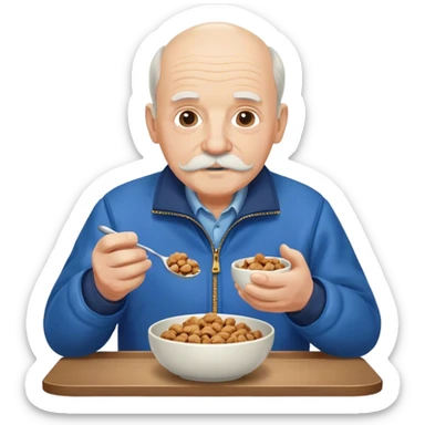 Old White Fat Balding Man with a White Mustache wearing a blue jacket while eating a bowl of Walnuts sticker