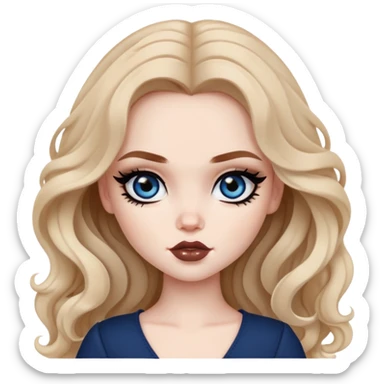 pretty bratz baddie, black eyeliner, pale skin, brown clong wavy hair, dark blue  eyes sticker