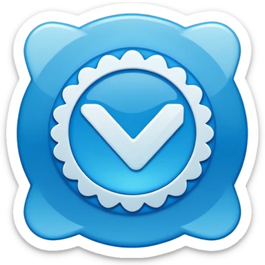 Glossy blue verification badge with scalloped edges, white check mark in middle, subtle radial light gradient, soft shine effect, emoji icon style, clean vector design, transparent background sticker