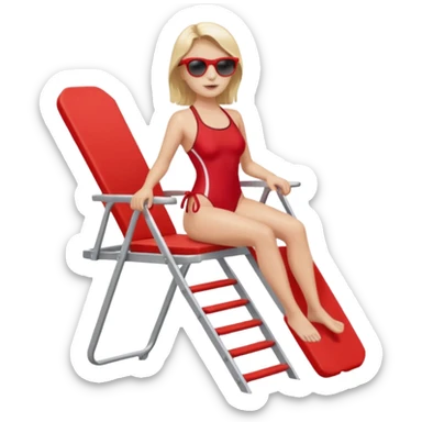 Female lifeguard – red swimsuit, sunglasses, sitting on tall lifeguard chair. sticker