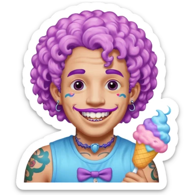 very cheerful colorful puffy violet curly haired man made out of cotton candy wearing teeth-braces and tattoos and face tattoos just face  sticker