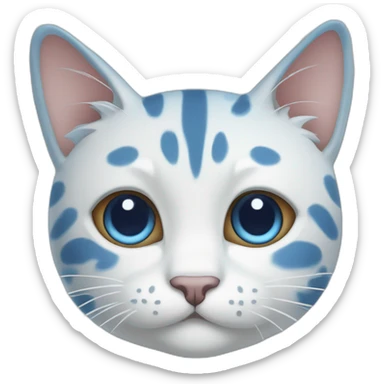 spotted blue and white cartoon cat with a blue right ear, and a spot around the right eye, and the left side is white sticker