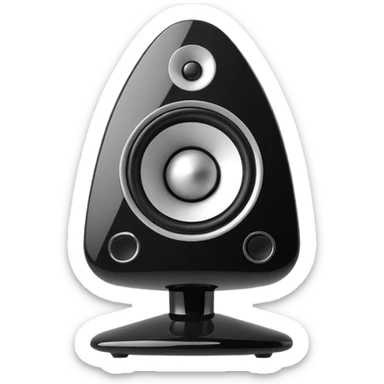 Single black desktop speaker with glossy front, one large white cone with black center, small volume knob, clean white background, studio product photo. sticker