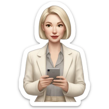 pale skin woman with ash blonde Straightened bob Hair, White Spacious classical jacket, beige palazzo Arrow pants and gray blouse holding white IPhone 15 pro in the hands sticker