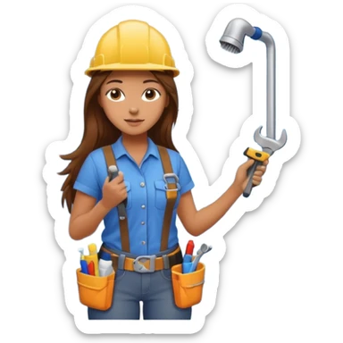 beautiful girl with long brown hair constructing new bathroom area with new shower and amenities  sticker
