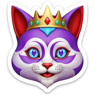 crazy colorful cute little cat jolly joker from poker, medieval, vintage, court jester, mac os icon, purple, gold and red color, half body, blue ice eyes. Squared shape as 3D mac os icon, symmetrical sticker