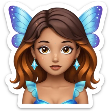 Pretty girl with caramel skin. Dark brown hair and brown eyes. She has freckles. Wearing sexy makeup. Wearing a fairy costume. wearing heels sticker