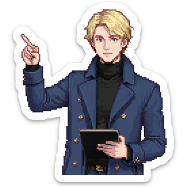Flat pixel art, bold and charismatic male leader, Caucasian, short neat blonde hair, sharp eyes, indigo coat over black turtleneck, one arm raised pointing out, holding tablet, waist-up, front-facing sticker