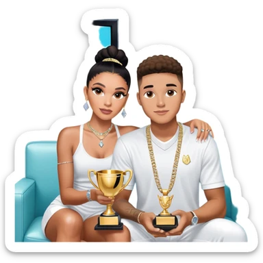 Internet celebrity Josh King Madrid jetset wearing shiny diamond earrings and sparkly iced out diamond tennis necklace chains with Instagram model girl tefi valenzuela sitting with him holding gold internet celebrity trophy on tv show in Miami sticker