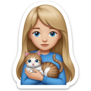 Apple-style emoji sticker of a young woman with long dark blond hair and bang, blue eyes , holding a kitty with black and white patch on her chest.  sticker