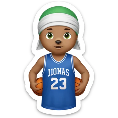 Brown bear with friendly expression and green eyes, white durag on head, blue basketball jersey visible up to shoulders, showing upper body, iOS emoji style sticker
